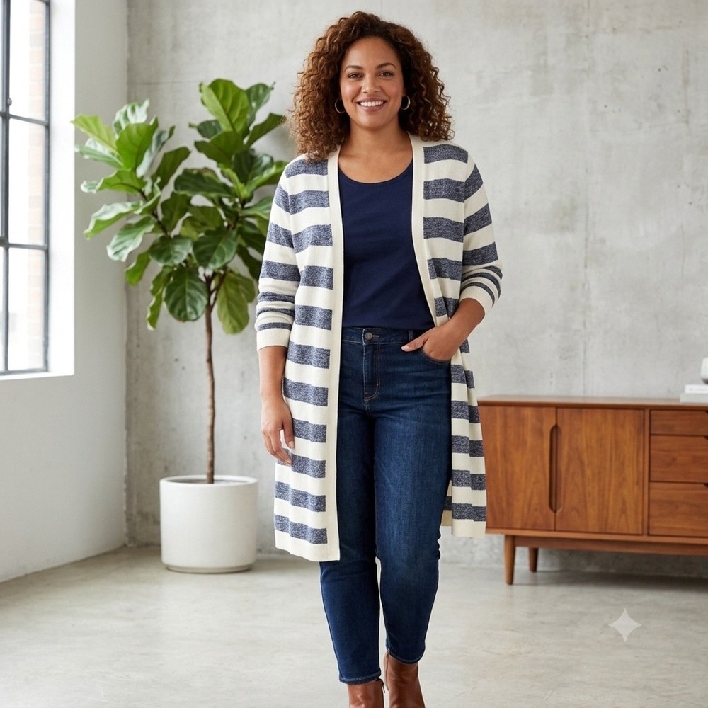 Talbots Plus 2X Pima Cotton Striped Longline Cardigan Navy Blue Cream Open Front